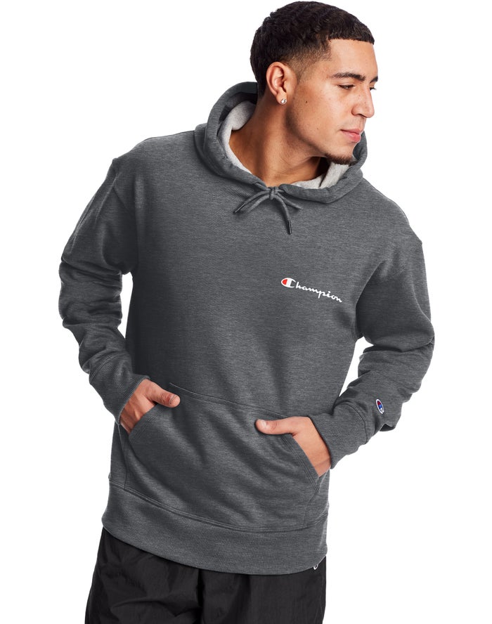 Champion Herre Hættetrøje MørkeGrå - Powerblend Fleece Script Logo - Danmark CXK-783094